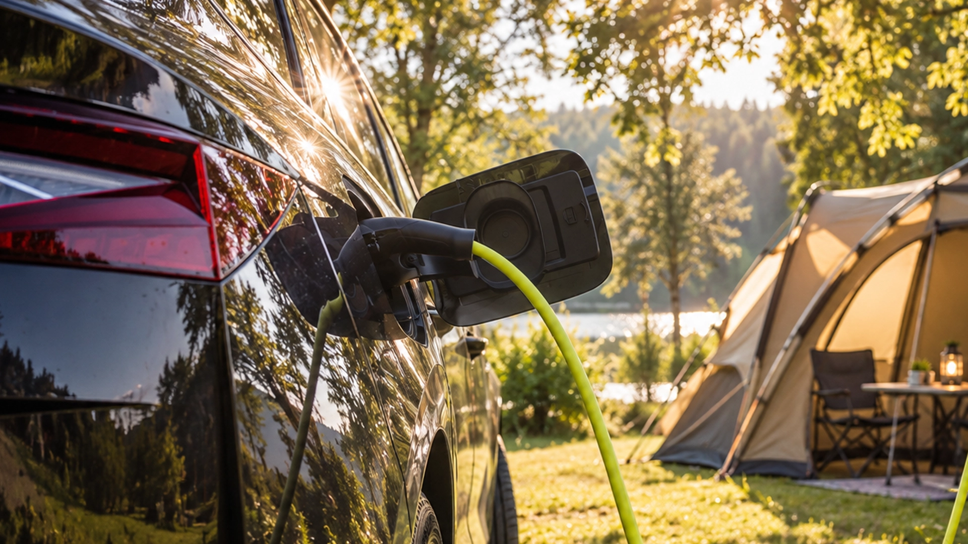EV op camping in groen Europees landschap